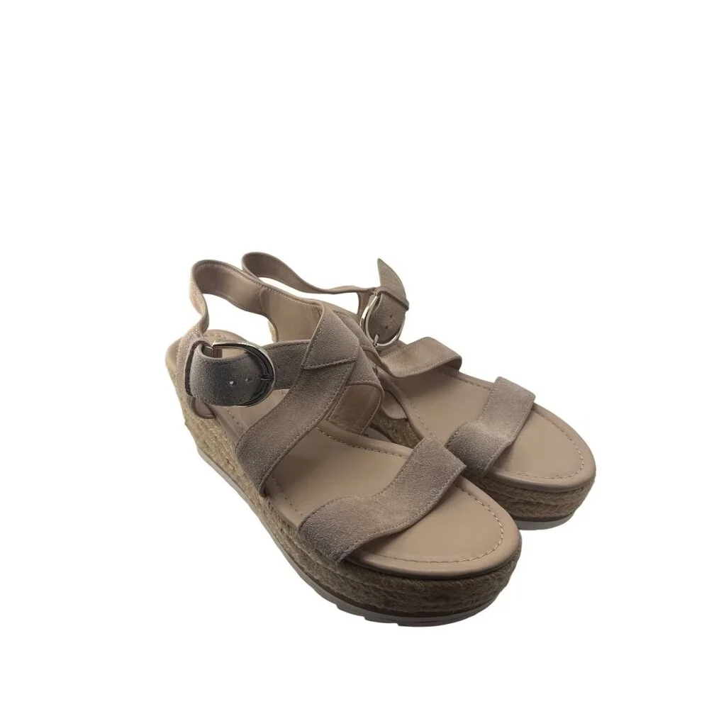 Marc Fisher Beige Suede Espadrille Wedge Sandals Ankle Strap Size 9.5 M Vacation